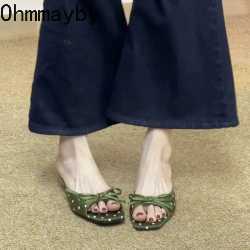 Elegant Polka Dot Satin Slippers With Square Toe And Butterfly Knot