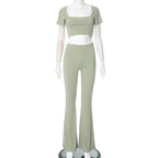 Sexy Slim Two Piece Set For Women Short Sleeve Square Collar Top High Waist Pants