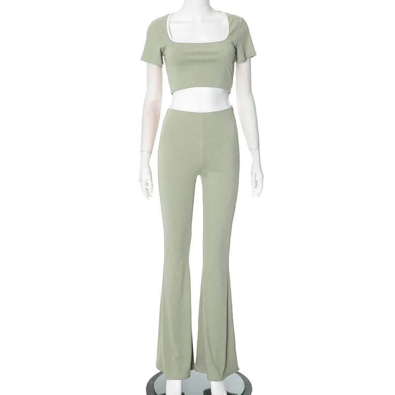 Sexy Slim Two Piece Set For Women Short Sleeve Square Collar Top High Waist Pants