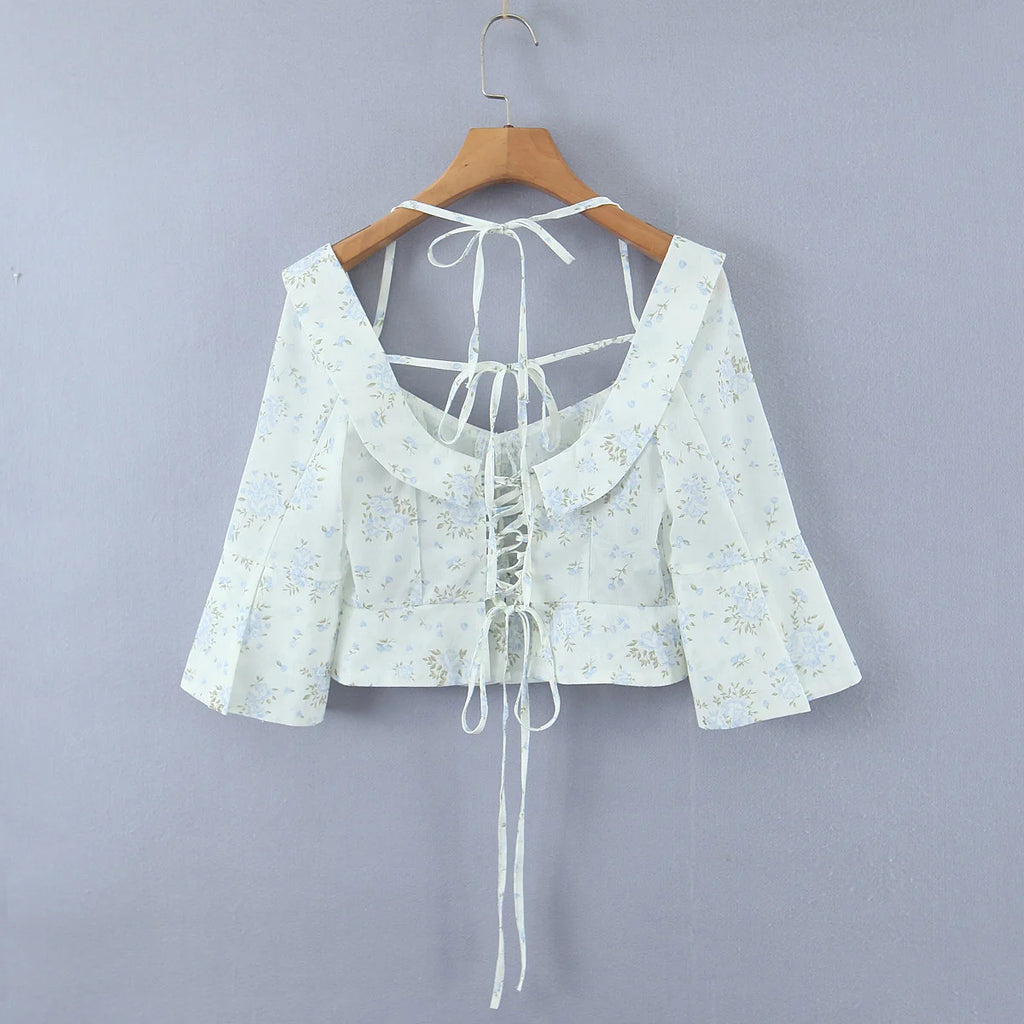 Floral Corset Style Crop Top With Cross Lacing And Ruffle Square Collar Three Quarter Sleeve