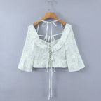Floral Corset Style Crop Top With Cross Lacing And Ruffle Square Collar Three Quarter Sleeve