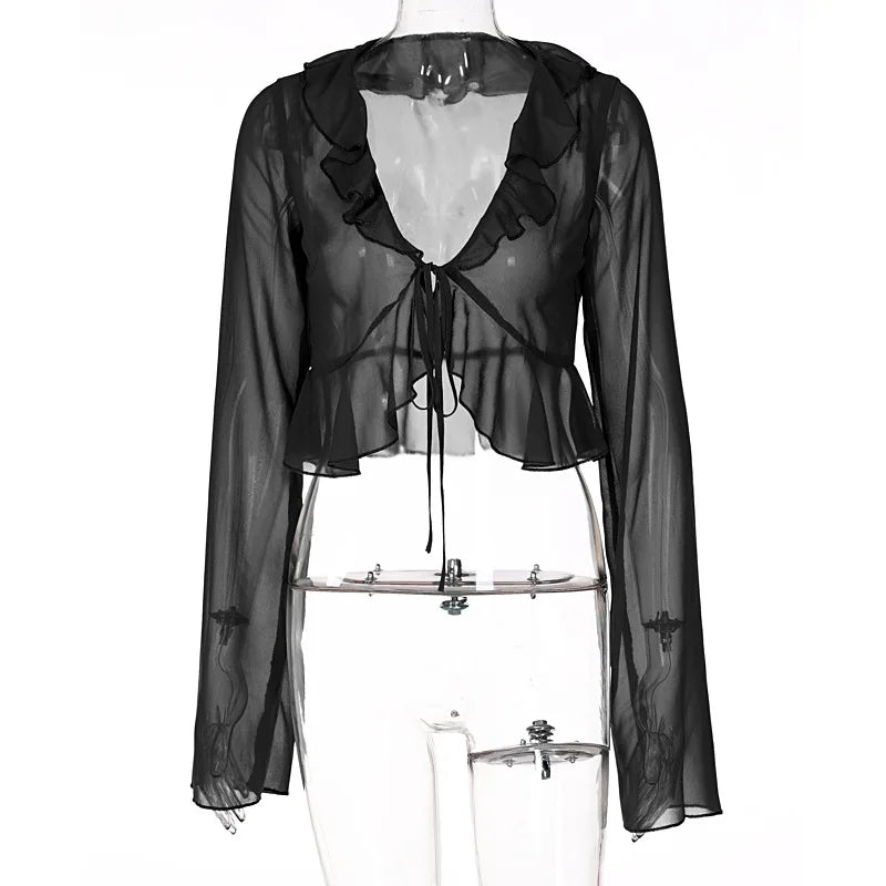 Chiffon Sheer Crop Tank Top With V Neck And Flare Sleeves
