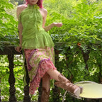 Green Ribbon Chiffon Sleeveless Top With Open Back And Floral Accent
