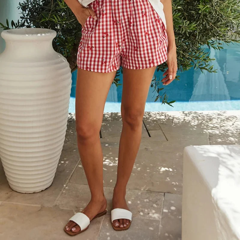 Cherry Plaid Lounge Shorts With Elastic Waistband Cute