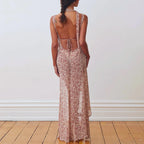 Floral Lace Up Chiffon Maxi Dress With Side Slit Backless