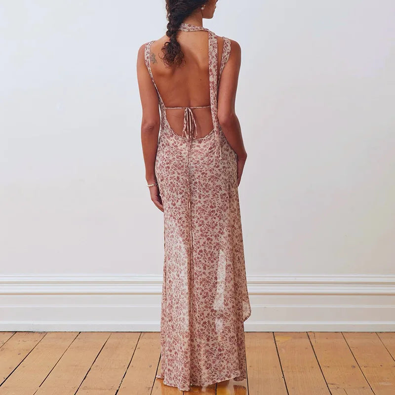 Floral Lace Up Chiffon Maxi Dress With Side Slit Backless