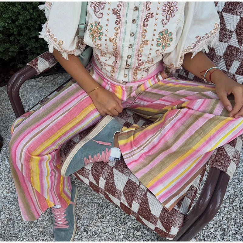 Vivid Multicolor Stripe Wide Leg Jeans With Pockets Low Waist Denim Trousers