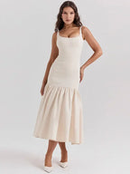 Women Ruffles Suspenders Dress Slim Solid Square Collar Sleeveless
