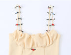 Flirty Apricot Applique Camisole With Ruched Chest O Neck Knit Tank Top