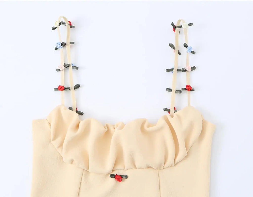 Flirty Apricot Applique Camisole With Ruched Chest O Neck Knit Tank Top