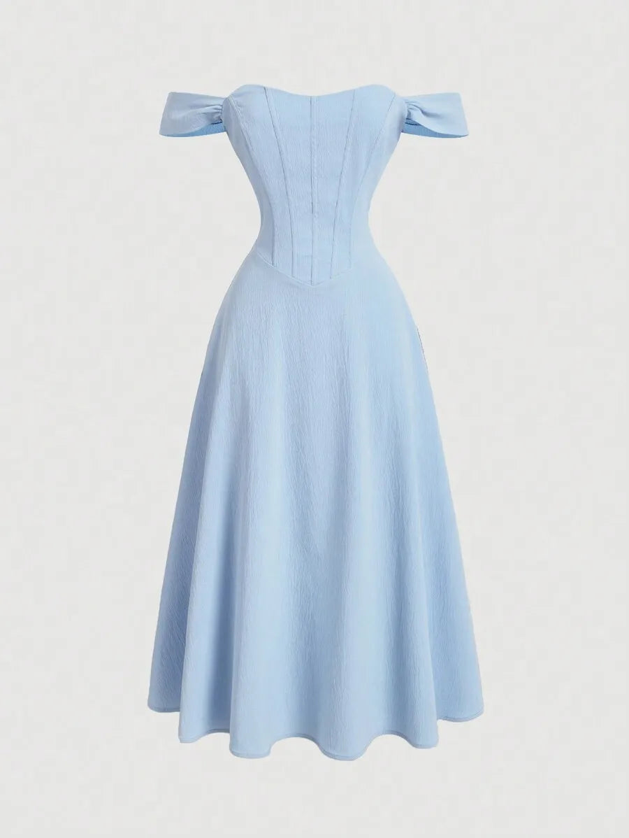Romantic Off-Shoulder Corset Midi Dress With Bow Sleeves