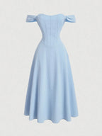 Romantic Off-Shoulder Corset Midi Dress With Bow Sleeves