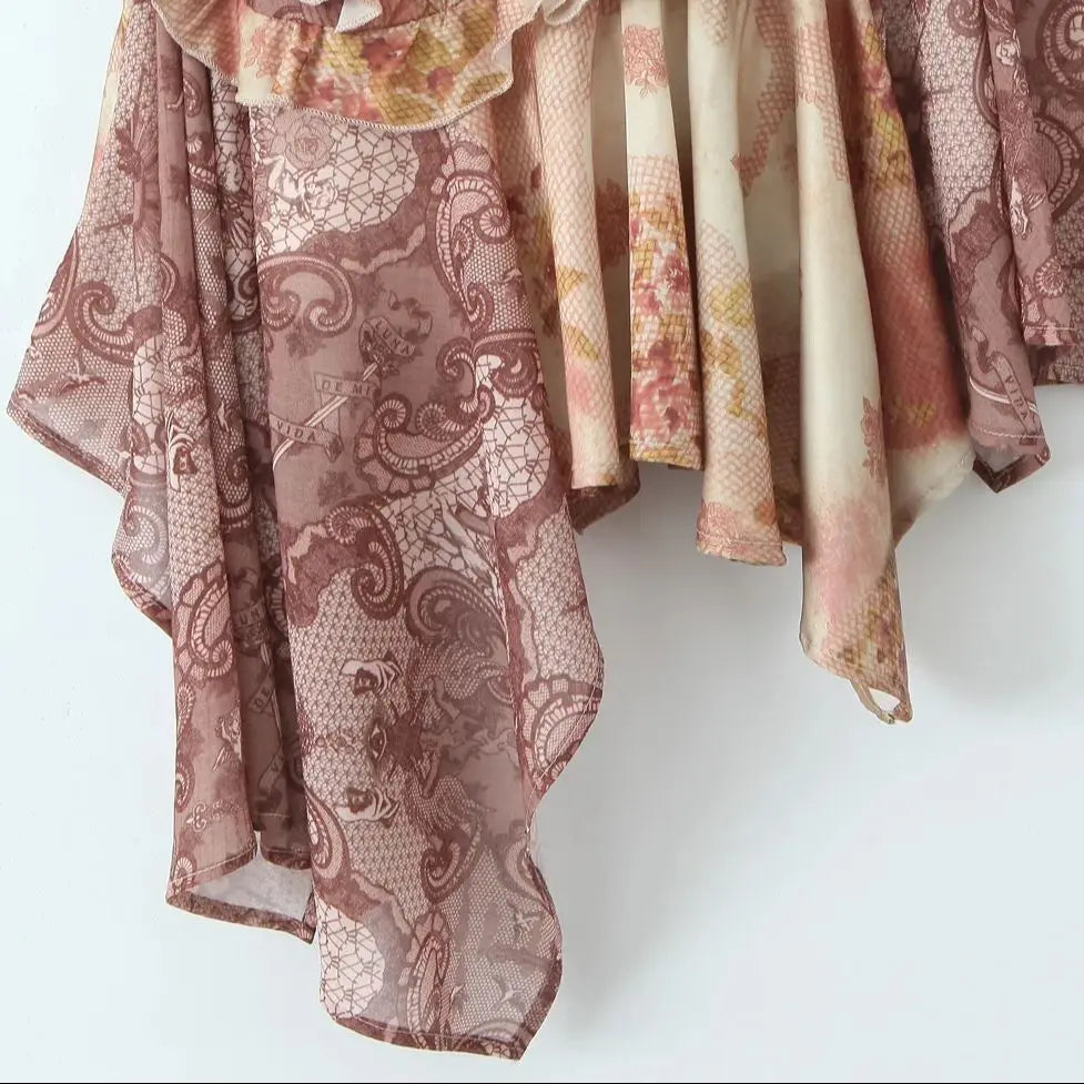 V Neck Paisley Totem Print Mini Dress With Ruffles Pleats And Irregular Hem