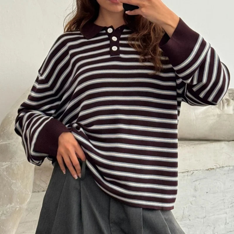Vintage Rib Knitted Striped Collared Sweater Loose Long Sleeve Pullover Knit Top