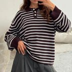 Vintage Rib Knitted Striped Collared Sweater Loose Long Sleeve Pullover Knit Top