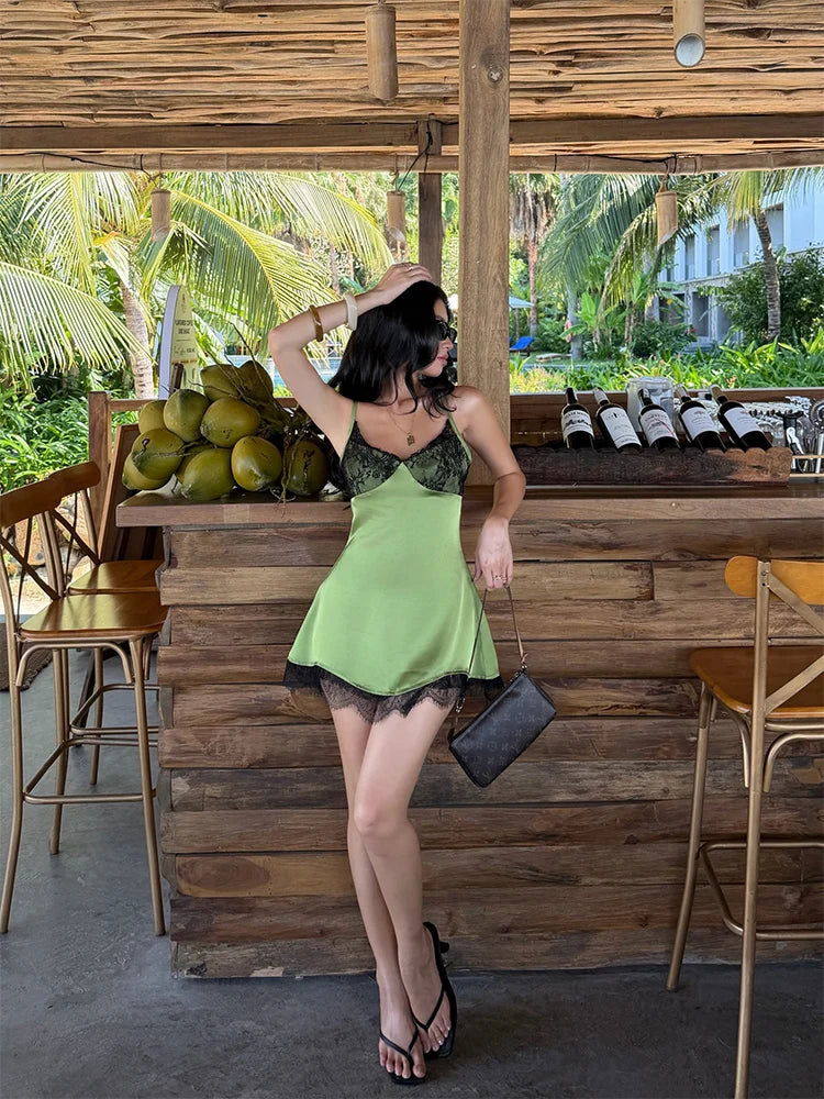 Green Camisole Lace Patchwork Slim Sheath Mini Dress