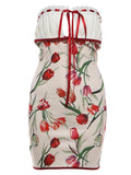 Ribbon Bow Women Lace Patchwork Art Print Folds Mini Body-con Dress