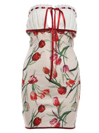 Ribbon Bow Women Lace Patchwork Art Print Folds Mini Body-con Dress