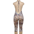 Backless Halter Floral Playsuit For Women Stretchy Romper Sleeveless