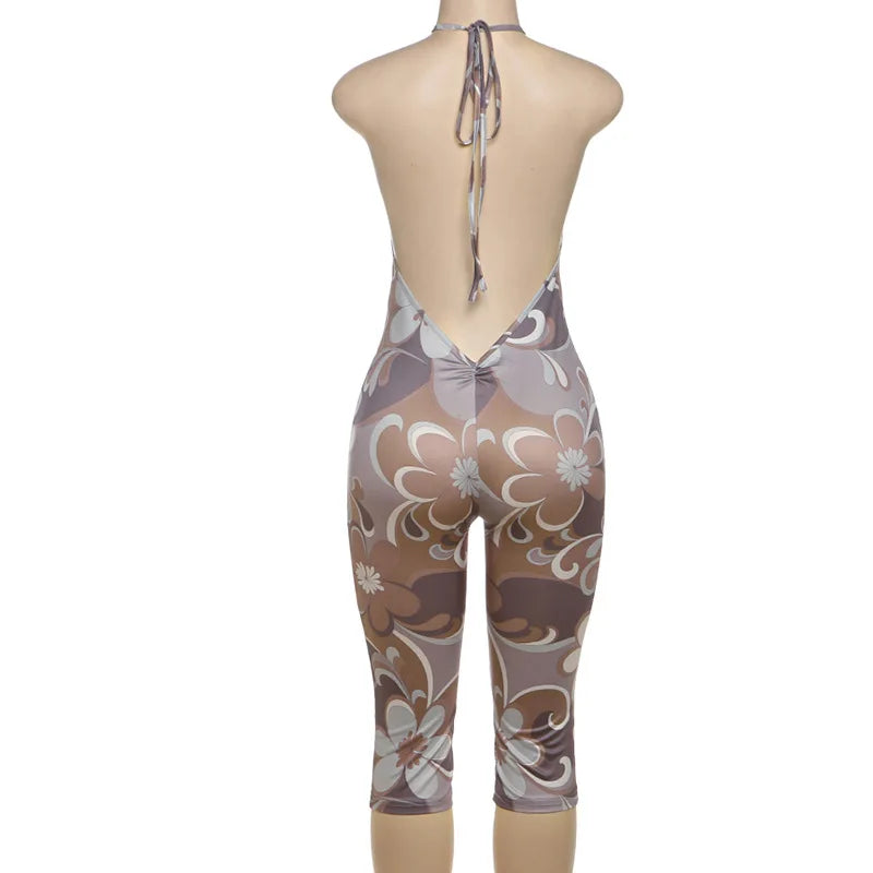 Backless Halter Floral Playsuit For Women Stretchy Romper Sleeveless