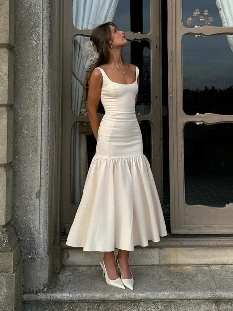 Women Ruffles Suspenders Dress Slim Solid Square Collar Sleeveless