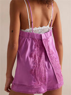 Silky Satin Pajama Set With Lace Tie Cami Top And Shorts Two Piece Boho Vintage Sleepwear