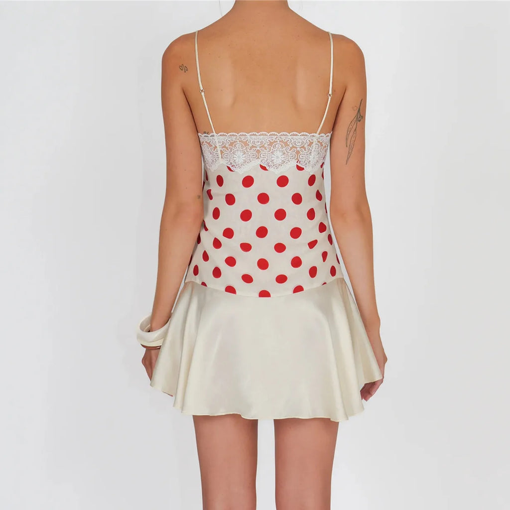 Polka Dot Satin Cami Dress With Lace Trim And Ruffle Hem Mini