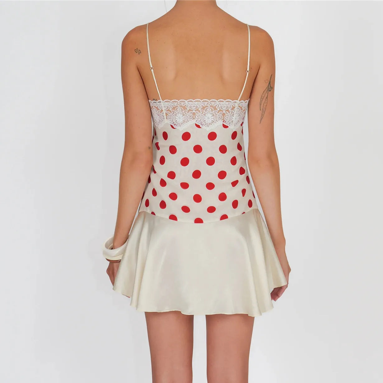 Polka Dot Satin Cami Dress With Lace Trim And Ruffle Hem Mini