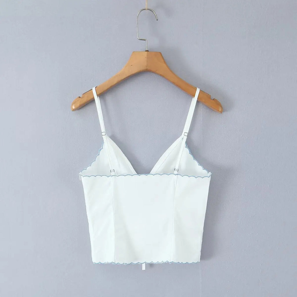 Wave Edged White Camis Sexy Bow V Neck Cotton Slim Crop Top