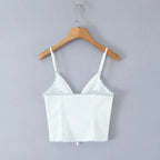 Wave Edged White Camis Sexy Bow V Neck Cotton Slim Crop Top