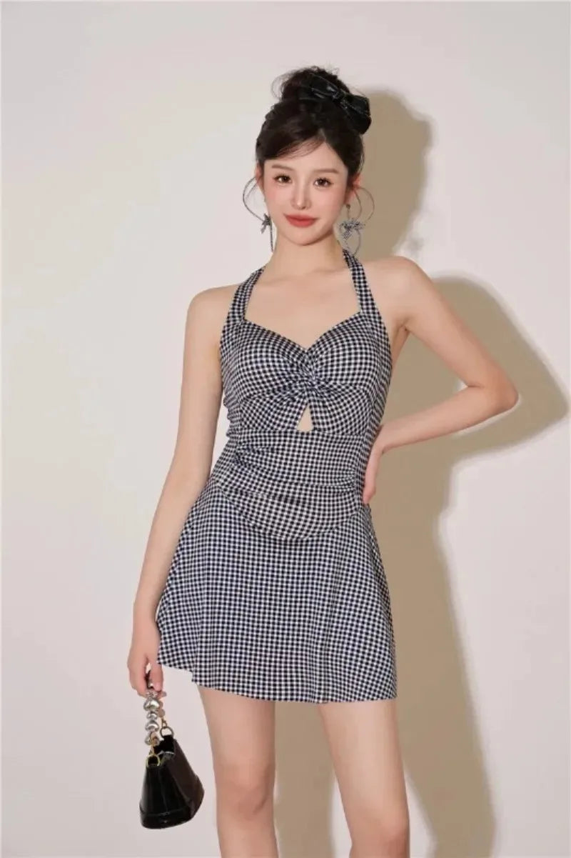 Plaid Backless Swim Dress With Halter Neck