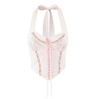 Pink Embroidered Floral Halter Corset Camisole With Ruched Chest Bow And Cross Lacing