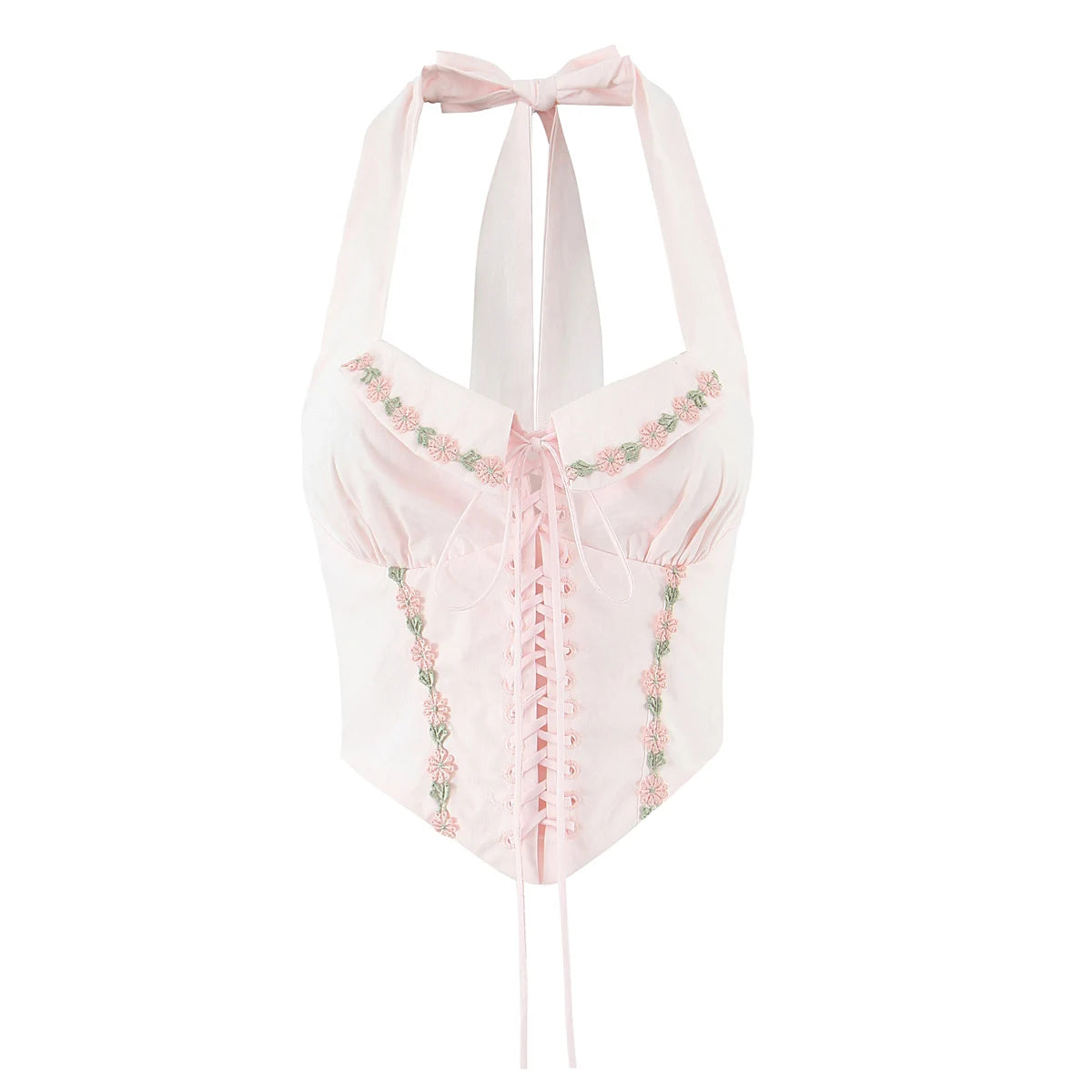 Pink Embroidered Floral Halter Corset Camisole With Ruched Chest Bow And Cross Lacing