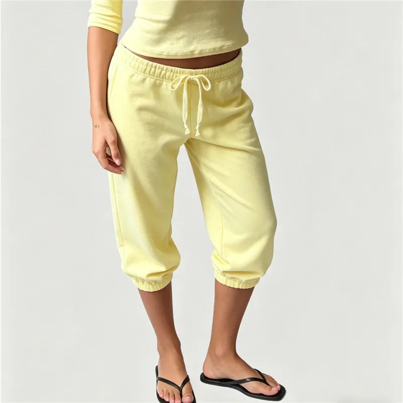 Women Vintage Y2K Low Waist Capri Sweatpants Drawstring Loose 3/4 Length Cropped Pants