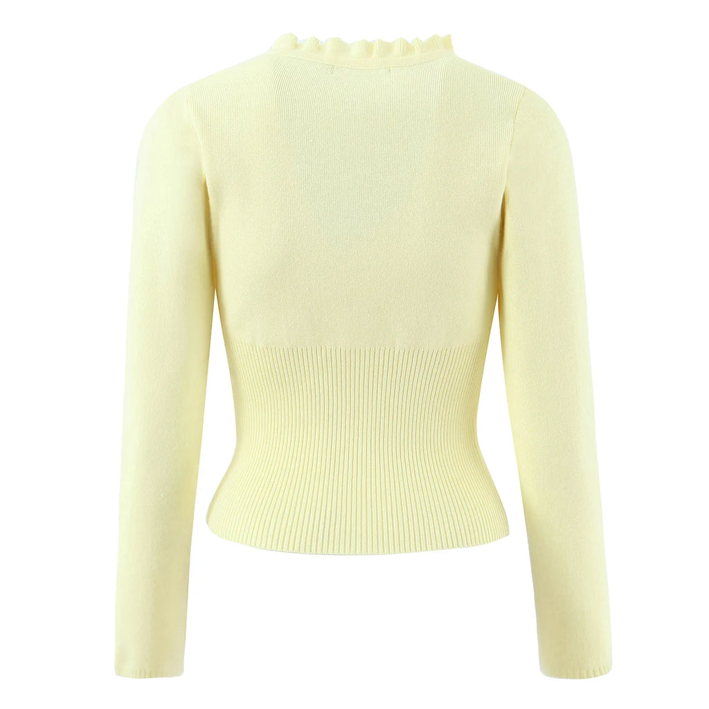 Lacing Up Bow Woodears O neck Open Buttons Through Crop Pointelle Knitted Cardigan Sweater Woman Jumper Knitwear