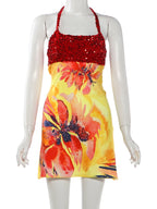 Floral Patchwork Mini Dress With Halter Backless Design