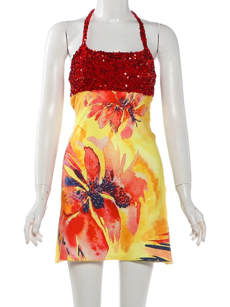 Floral Patchwork Mini Dress With Halter Backless Design