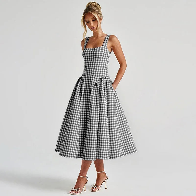 Gingham Square Neck A-Line Midi Dress With Pockets