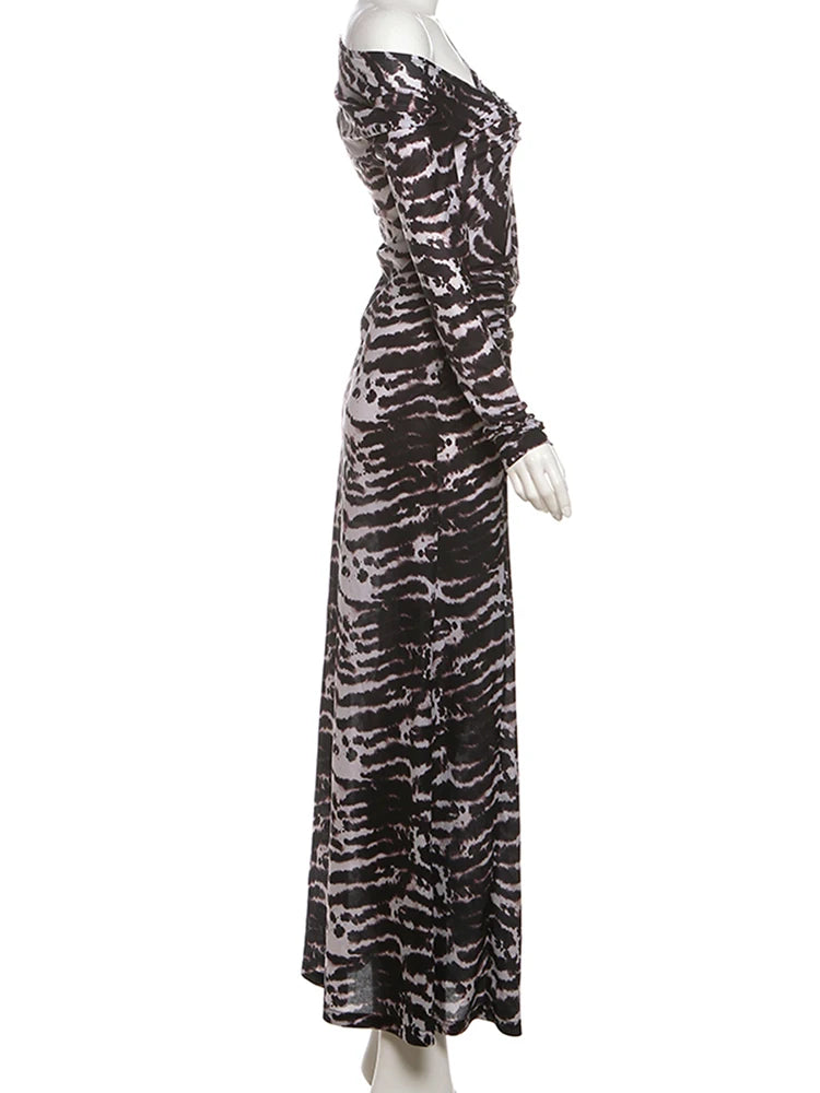Patchwork Long Dress With Asymmetric Shoulder And Slim Stretch