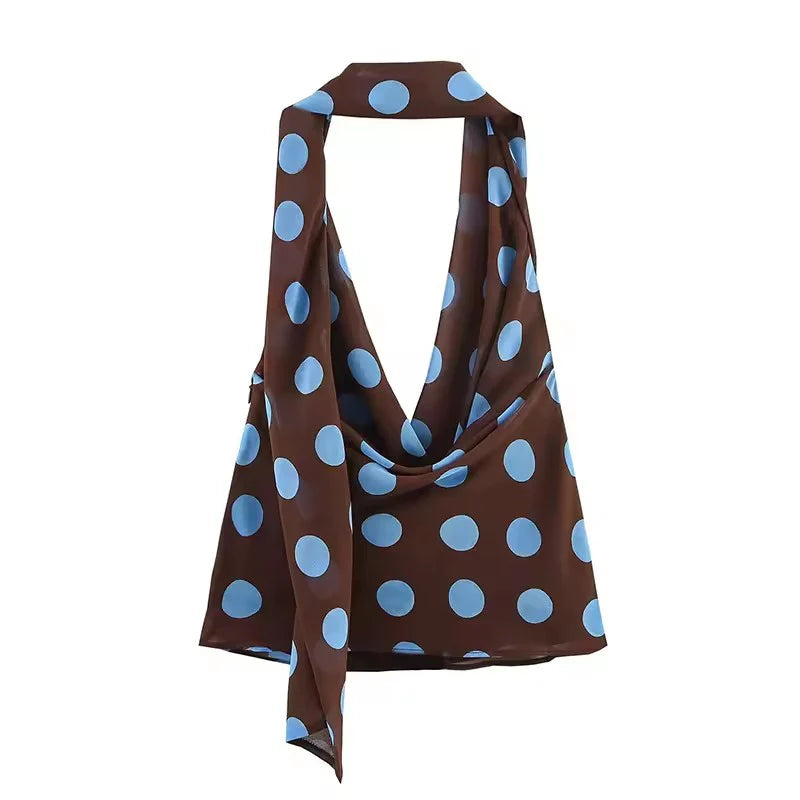 Blue Polka Dot Two Piece Set With Halter Top And Midi Skirt