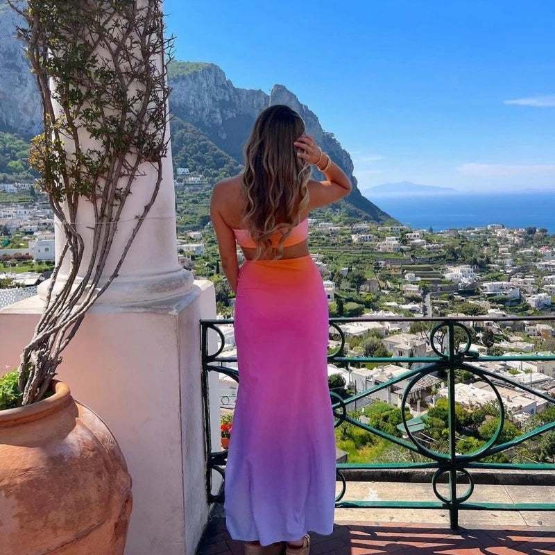 Gradient Print Backless Strapless Maxi Dress For Women Chest Wrap