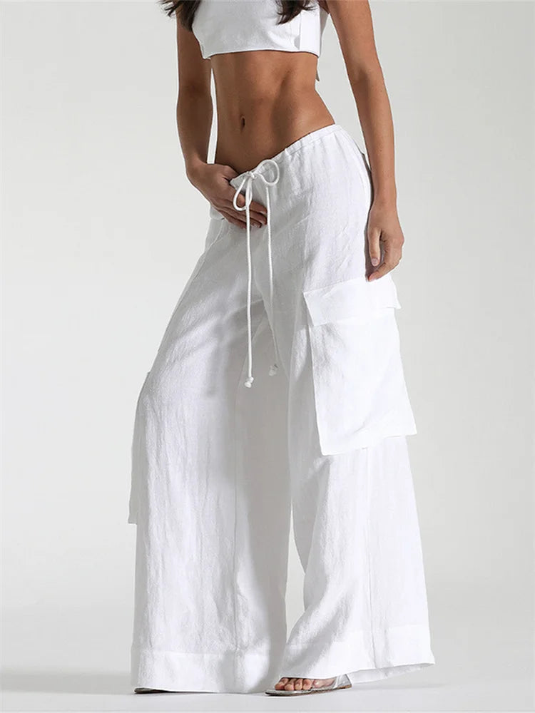 Streetwear Vibe Wide Leg Cargo Pants With Pockets And Drawstring Waist For Women
