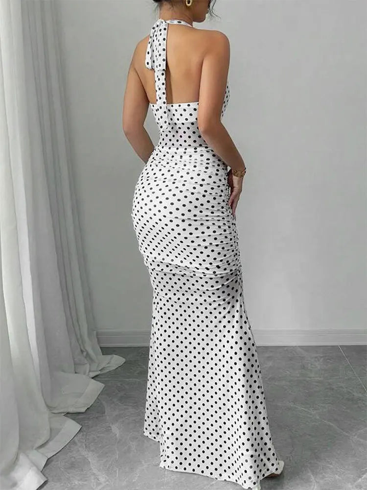 White Polka Dot Chiffon Backless Strapless Dress With Empire Waist