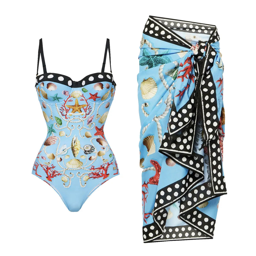 Playful Print Underwire One Piece Swimsuit With Skirt For Beach Summer Fun