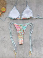 Retro Green Floral Bikini Set With Push Up Top And Cheeky Thong Bottom