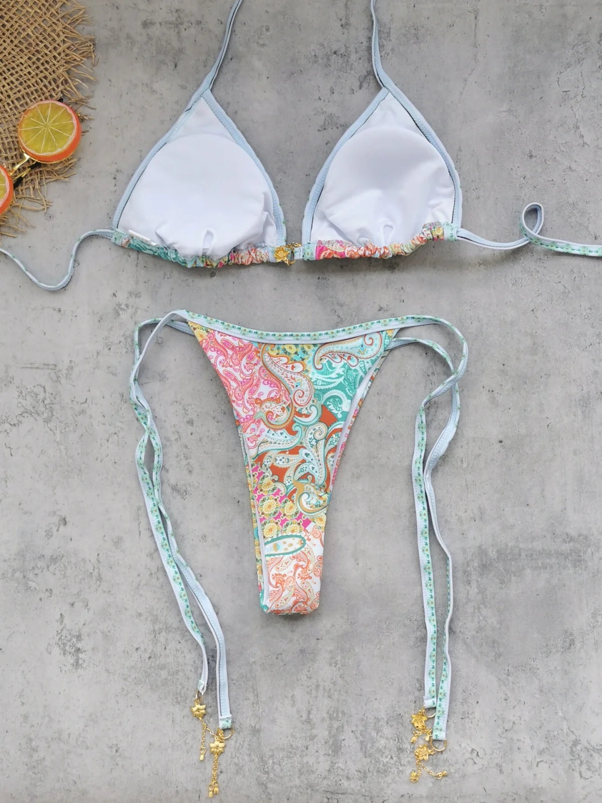 Retro Green Floral Bikini Set With Push Up Top And Cheeky Thong Bottom