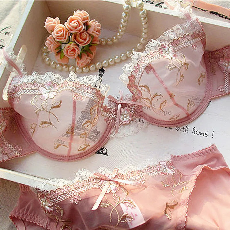 Lace Set With Embroidered Details Two-piece Sheer Push Up Bra And Matching Briefs