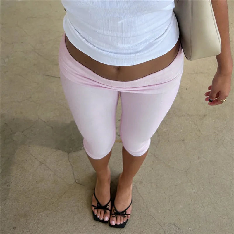 Fold-Over Waistband Capri Leggings Low Rise Slim Fit High-Stretch Pants