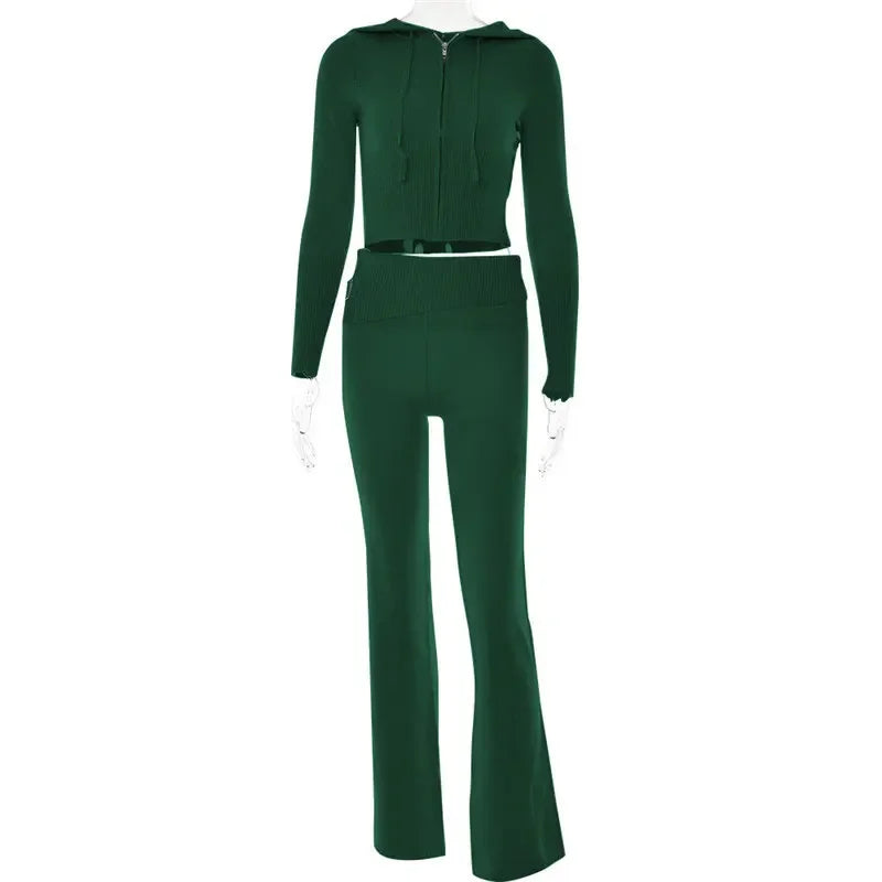 Ribbed Knit Two Piece Tracksuit Set With Hooded Crop Top And Elastic Zippered Pants