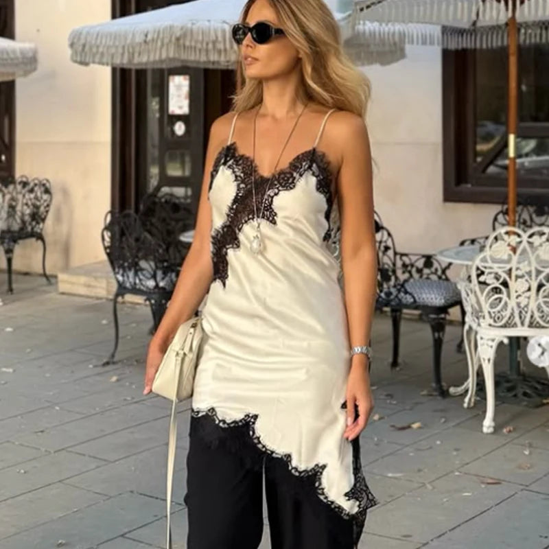 Satin Elegant Backless Lace Slip Dress
